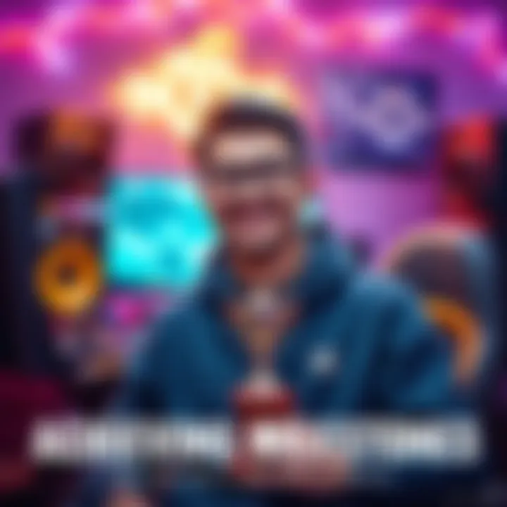 A gamer holding a trophy in front of a gaming setup, smiling with excitement over their accomplishments.