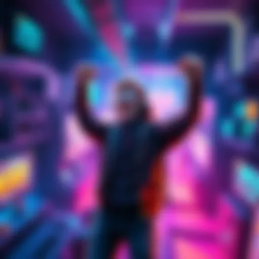 A gamer excitedly celebrates a victory in the Ashtray Maze, surrounded by vibrant colors and animated visuals from the game.