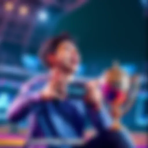 A gamer looks excited while holding a controller, celebrating reaching champion rank in Rocket League with a trophy nearby.