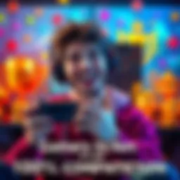 A gamer with a big smile holds a game controller, surrounded by trophies and achievements on the screen, showing excitement for reaching 100% completion.