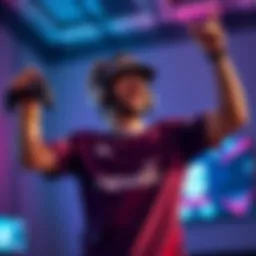 A gamer joyfully celebrating after finishing a game, with a console and controller in hand, looking excited