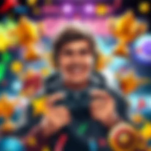A gamer smiling while holding a controller and surrounded by game trophies, celebrating achieving 100% completion in a video game.