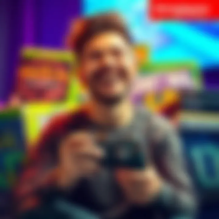 Gamer Celebrating Fast Completion A gamer smiling while holding a controller, surrounded by game boxes representing fast completions and shovelware titles.