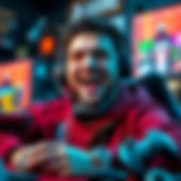 Gamer Celebrating Their Favorite Game A passionate gamer with a joyful expression is surrounded by gaming paraphernalia, showcasing a strong commitment to their favorite game, despite external criticisms.