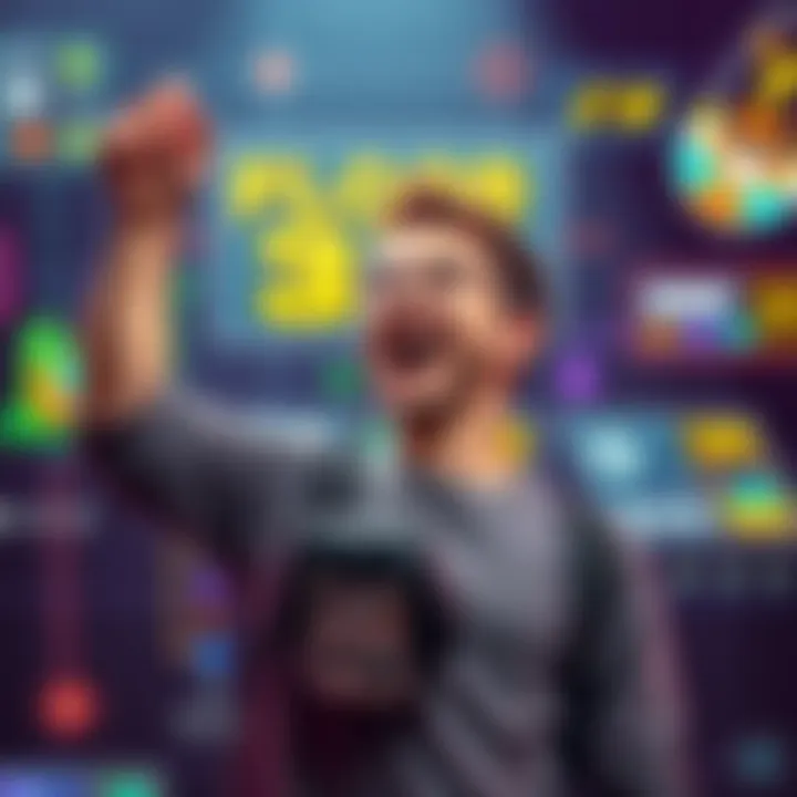 A gamer with a joyful expression raises their controller in triumph after reaching Floor 35 in a video game, surrounded by colorful game graphics.