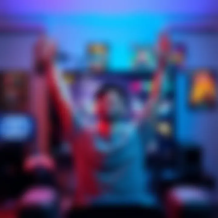 A gamer sits in front of a screen, smiling and raising their hands in triumph after finishing a game. Game posters and controllers are visible in the background.