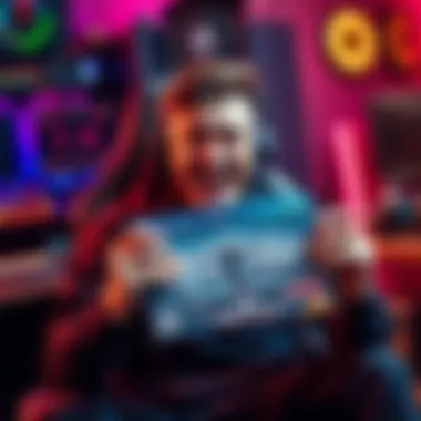 A happy gamer holding a new video game box, surrounded by gaming gear, expressing excitement after health struggles.