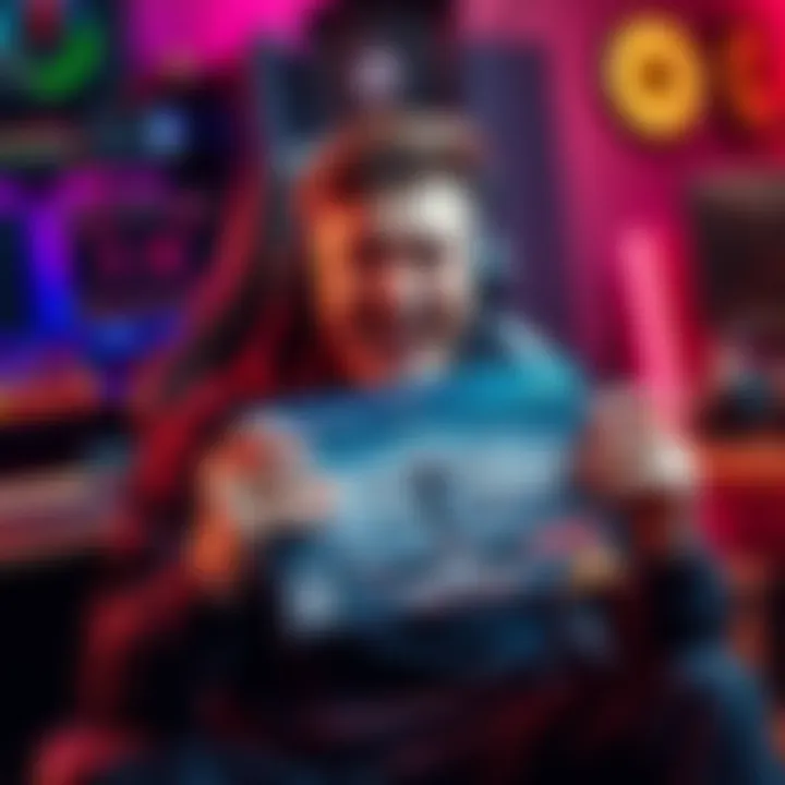 A happy gamer holding a new video game box, surrounded by gaming gear, expressing excitement after health struggles.