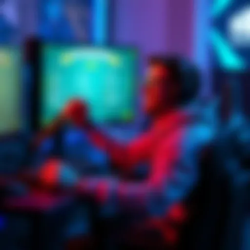 A gamer sits at their desk, smiling and celebrating after reaching the Masters rank in a competitive game. The screen shows a leaderboard highlighting the achievement.