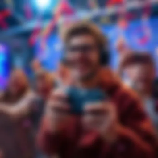 A gamer with a big smile holding a gaming controller, surrounded by confetti and friends celebrating the MR30 milestone.