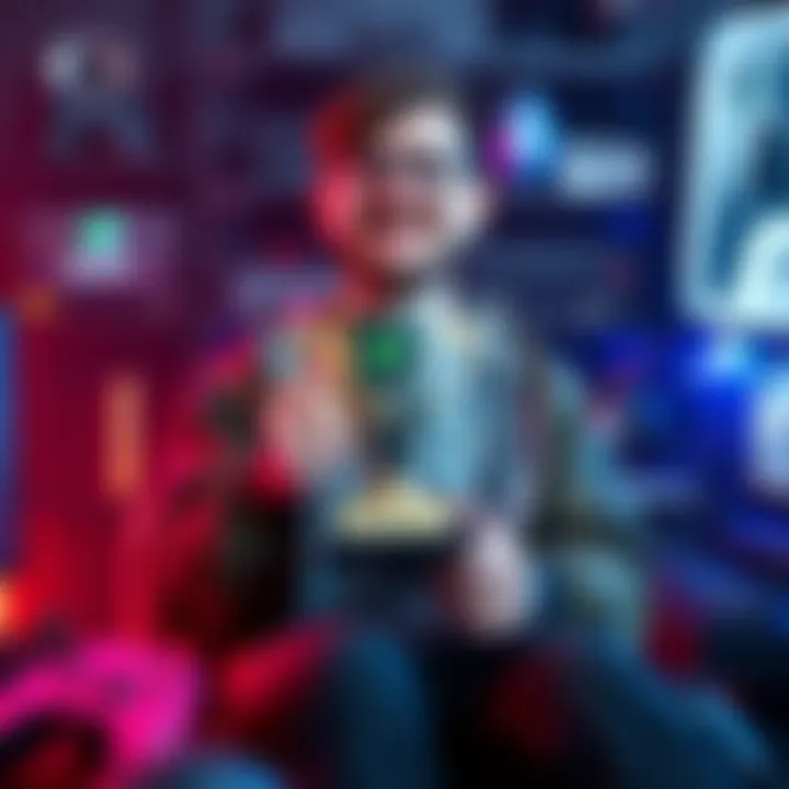 A gamer holding a trophy with a proud smile, surrounded by gaming consoles and controllers, celebrating their 100th platinum achievement.