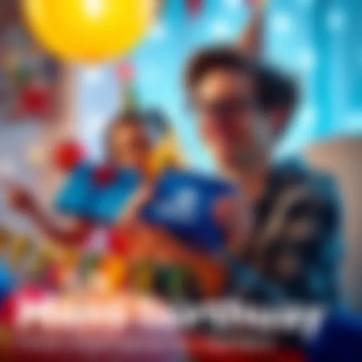 Gamer celebrating with PlayStation gift A happy gamer holding a PlayStation game box, celebrating their birthday, with a joyful expression, surrounded by festive decorations.