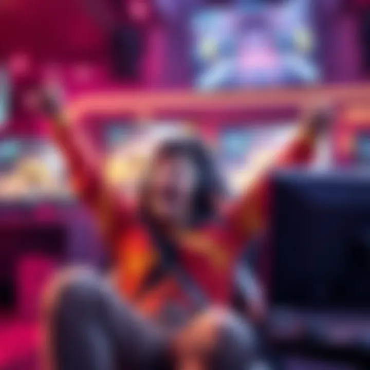 Gamer celebrating a streak A gamer in a gaming chair, showing excitement after achieving a streak using a spawntrap strategy, with a screen displaying gameplay