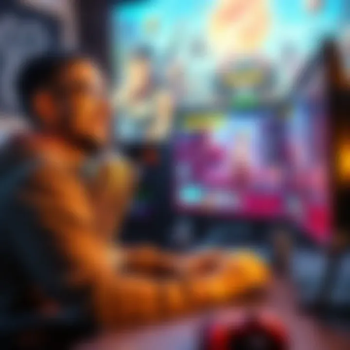 A casual gamer smiling and holding a trophy while sitting in front of a computer screen showing endgame loot, with a colorful game world background.