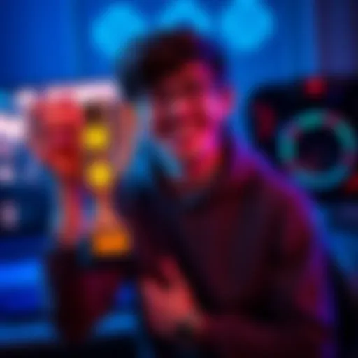 Gamer Celebrating Trophy A gamer happily holding a trophy with a gaming console in the background, representing their achievement of earning a platinum trophy.
