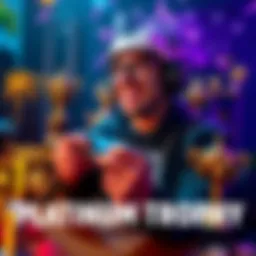 A gamer smiles while holding a controller, surrounded by gaming trophies and decorations, showcasing excitement after earning a platinum trophy in Returnal.