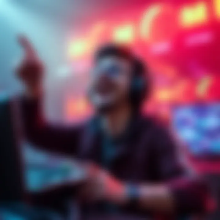 A gamer joyfully celebrating after achieving a rare Hazard ultimate moment in a video game, with colorful lights and graphics in the background.