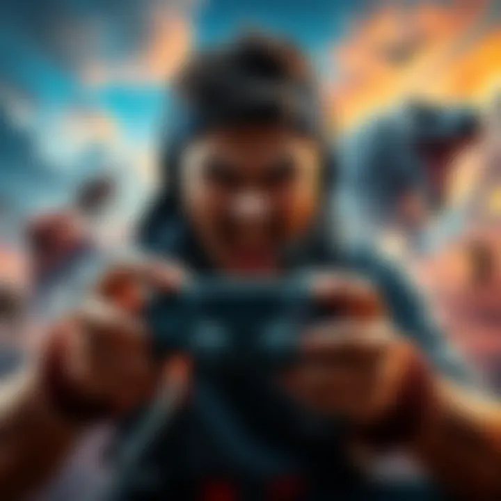 A passionate gamer holds a controller, showcasing intense focus and determination while playing Monster Hunter Wilds, surrounded by graphics of fierce monsters and difficult landscapes.