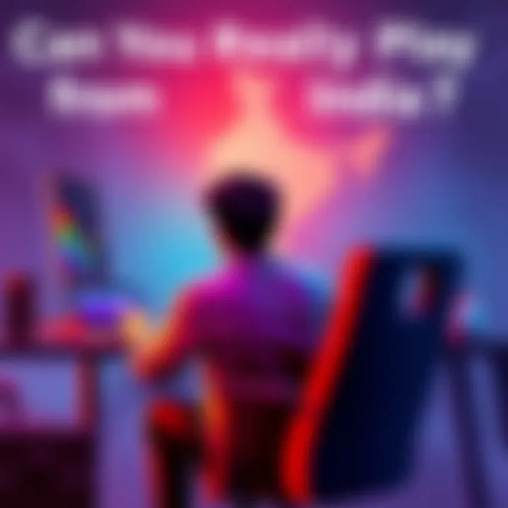 Gamer facing challenges in India A person sitting at a desk with a computer, looking frustrated while trying to access a game, with a map of India in the background showing regional restrictions.