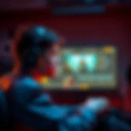 A male gamer sits in front of a screen, looking uncertain about choosing between a character named Judy and the world of Panem.
