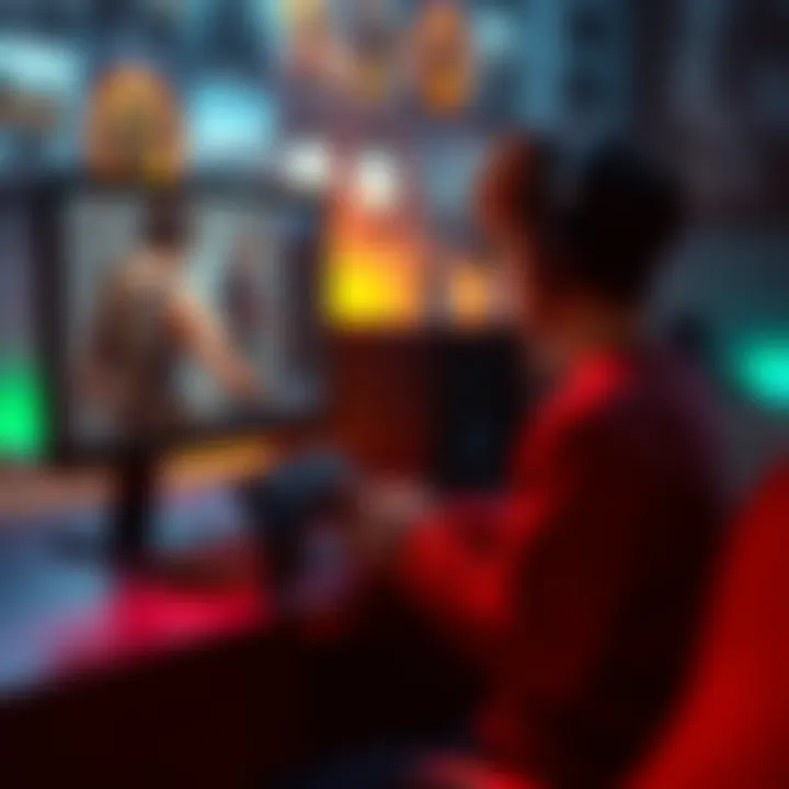Player Choosing Game Difficulty A gamer sitting at a desk, contemplating between hard and very hard game difficulty settings on a computer screen while holding a controller.