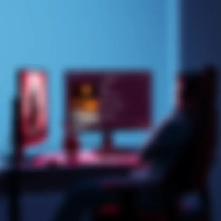 A gamer sitting at a desk looking at a computer screen with Sekiro, Witcher 3 DLCs, and Titanfall options displayed