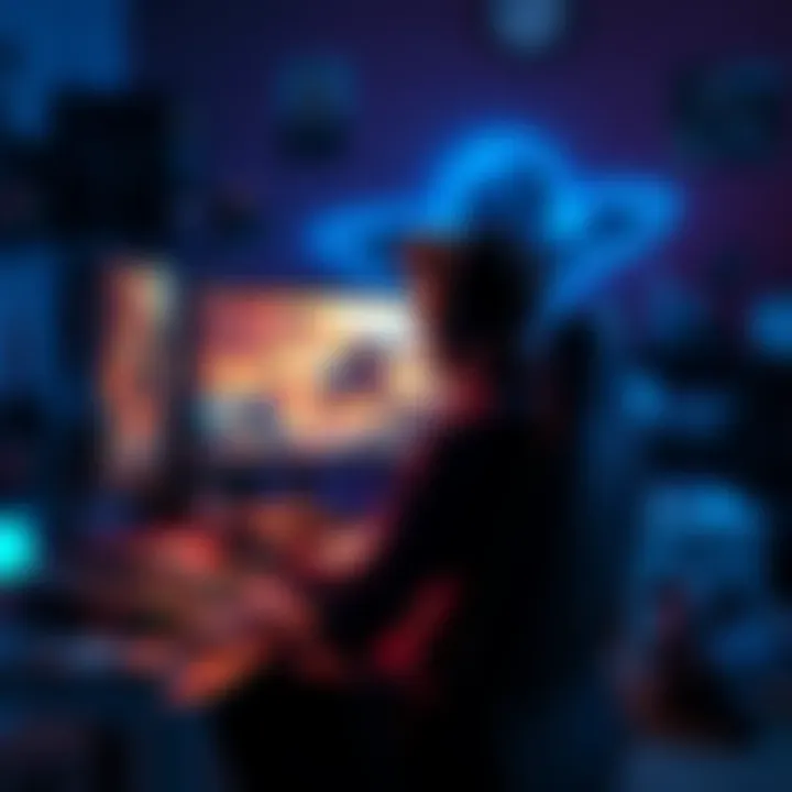 A person sitting in front of a computer, looking thoughtful while surrounded by game cases and controllers, trying to decide which game to play next