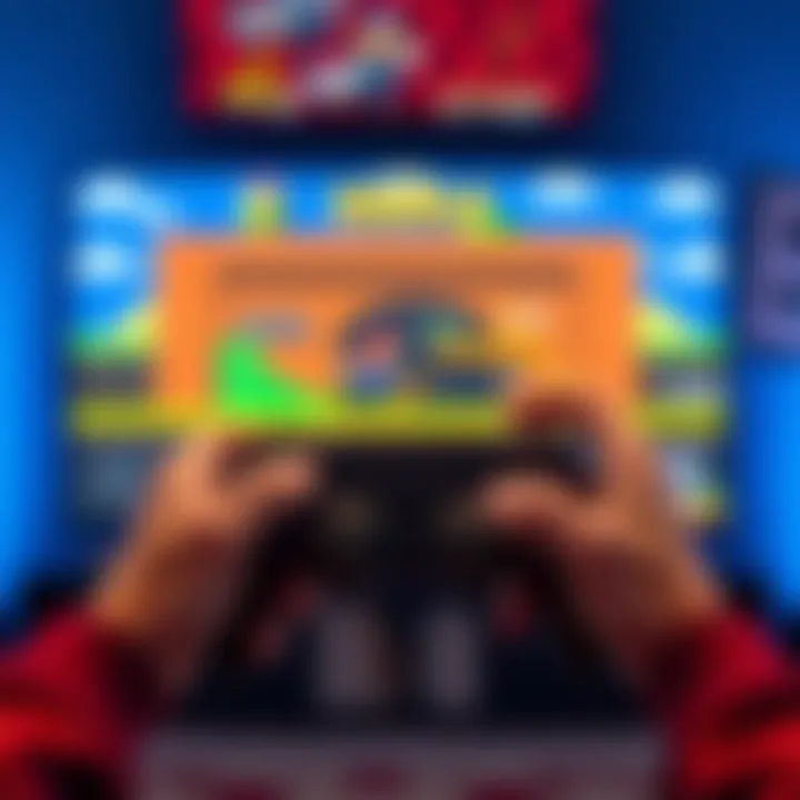 Gamer excited for classic game remake A gamer holds a game controller in front of a screen displaying the original version of a classic game, showing excitement for its upcoming remake.