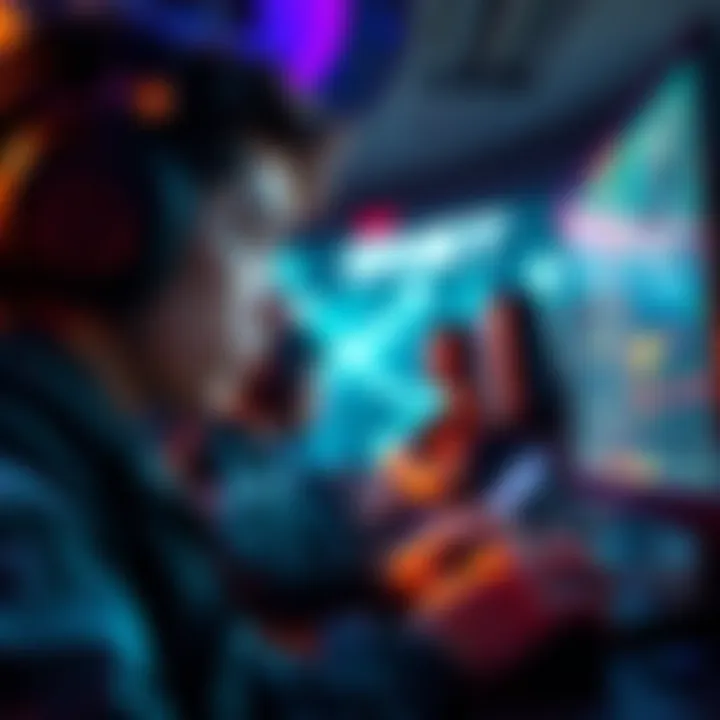 A gamer intensely focused, facing three opponents on screen, showing concentration and determination while playing a competitive game.