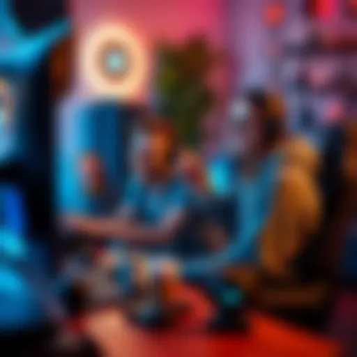 A gamer coaching a friend at a computer, both focused on the screen while gaming together. The setting shows a relaxed atmosphere with gaming gear around them.