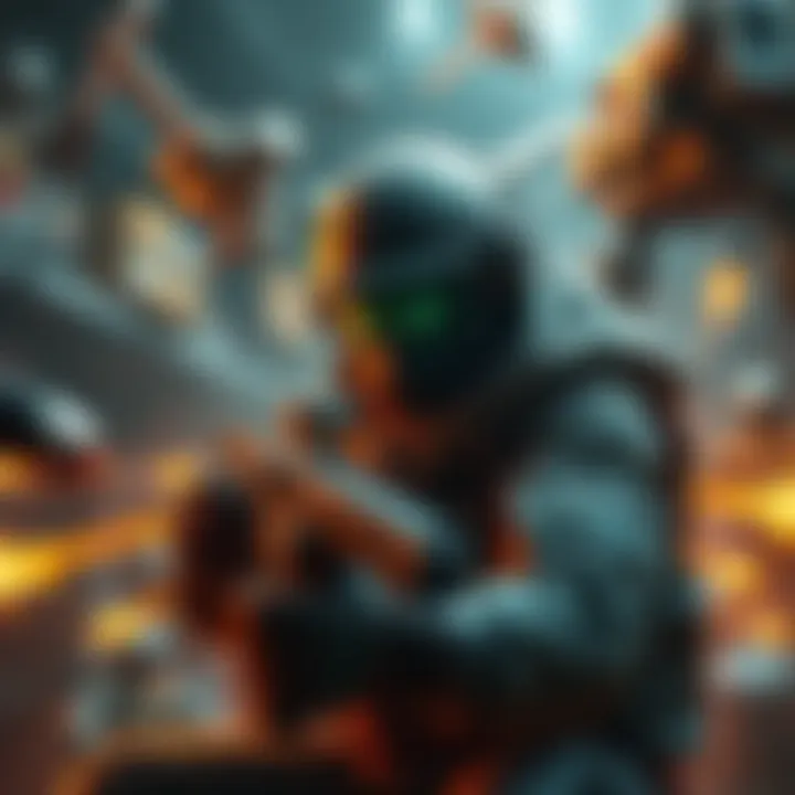 A gamer in a virtual battle, upgrading gear and collecting resources, surrounded by action and crafting tools.