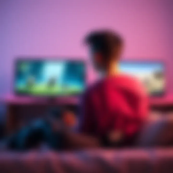 A new gamer sits with a game controller in hand, looking at two screens showing gameplay from Odyssey and Valhalla, with a thoughtful expression.