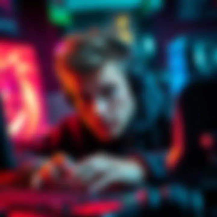 A serious gamer intensely plays on a console, surrounded by gaming gear, with a determined expression on their face.