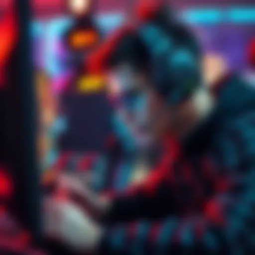 A gamer intensely playing a competitive match, with a focus on strategies and decision-making.