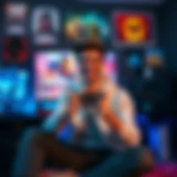 Gamer celebrating game completion A person sits in front of a gaming setup, smiling and holding a controller after finishing a game, with game posters in the background