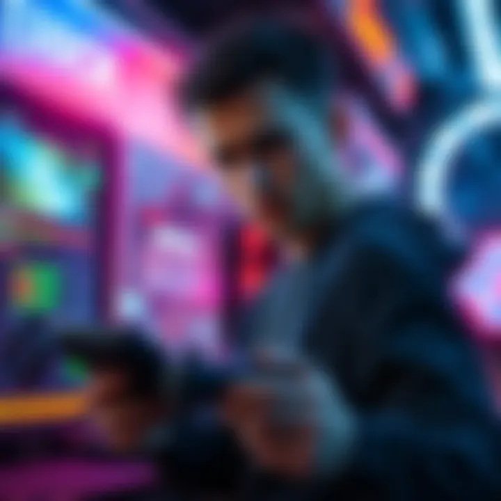 A gamer looks frustrated while staring at their cyberdeck with a blurred screen showing error messages. They hold a controller in one hand, trying to figure out the issue.