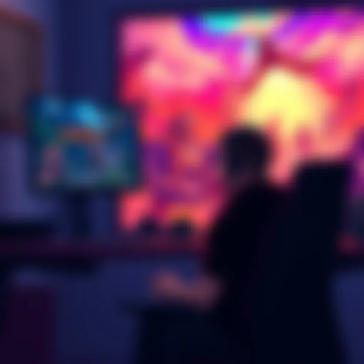 Gamer Considering Quest A gamer sits at a desk, looking at a computer screen, deep in thought about finishing a game. The screen shows a vibrant fantasy world with characters and quests.