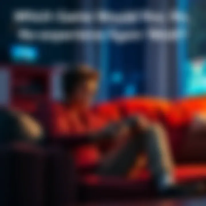 Gamer contemplating game choices A person sitting on a couch holding a game controller, thinking about video games they want to play again without memories.