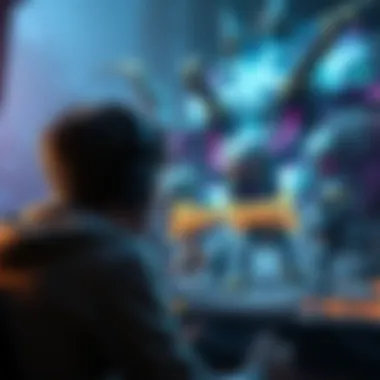 Gamer contemplating a new game A gamer looks at a visually striking game cover, showing vivid artwork and daunting monsters, reflecting concerns about its difficulty.