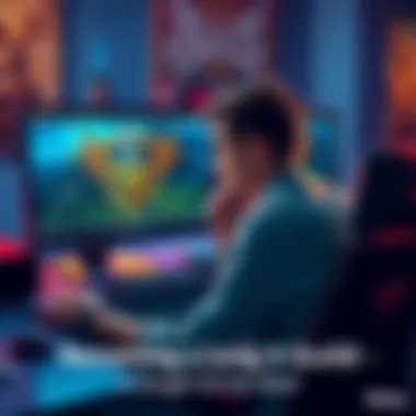 Gamer sitting at a desk, deep in thought about renaming their guild. Computer screen shows a gaming interface with a guild emblem.