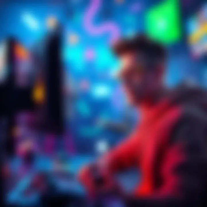 A gamer looks frustrated while playing MIO, surrounded by colorful graphics and game elements, questioning the quality of the experience.