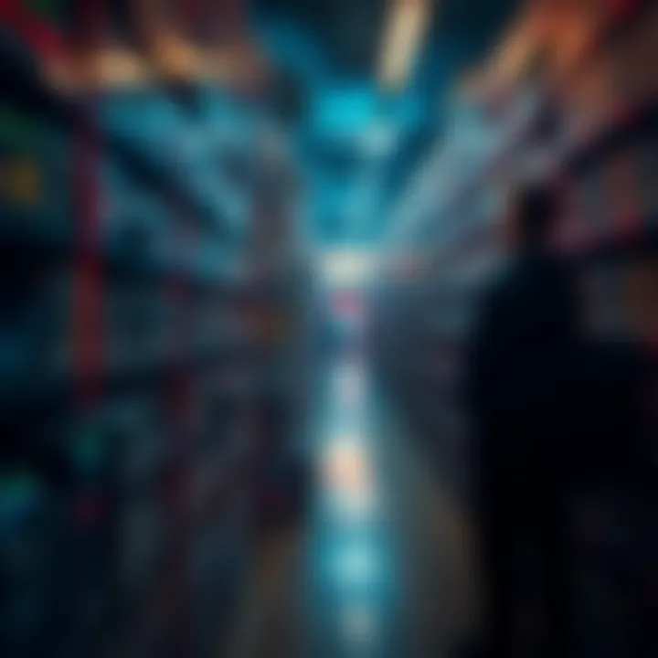 A gamer looking at a large library of video games, feeling hesitant to choose a new title.