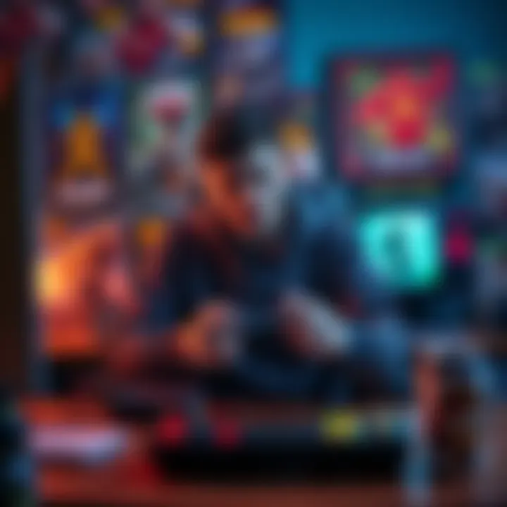 A gamer sitting at a desk with a controller, looking thoughtful, surrounded by gaming posters and snacks.