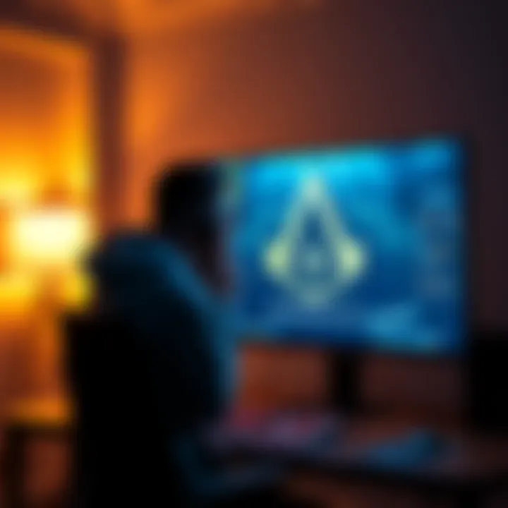 A gamer sitting in front of a screen with Assassin's Creed Valhalla open, looking thoughtful about restarting the game after many hours of play.