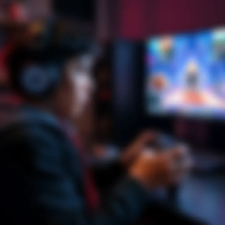 A player focused on gameplay while using a game controller on their PC setup, showing a screen with a game in action.
