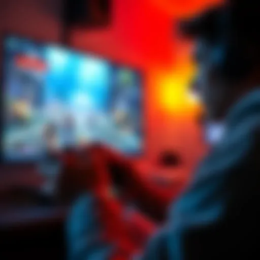 A gamer intensely playing a video game, holding a controller while looking at the screen showing gameplay