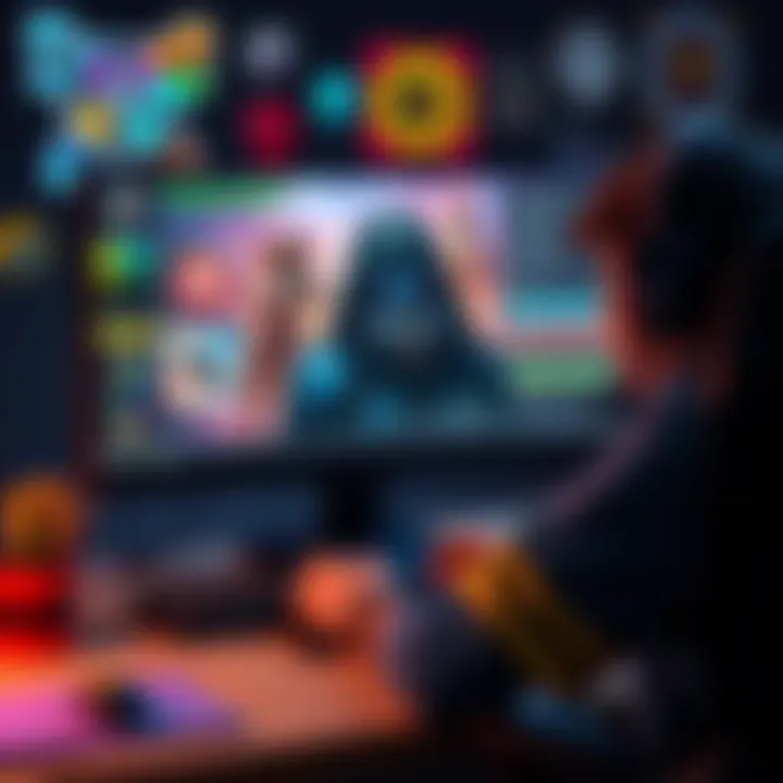 Gamer with Custom Build on Screen A gamer showcasing a unique character build on their computer, surrounded by colorful game graphics and tools.