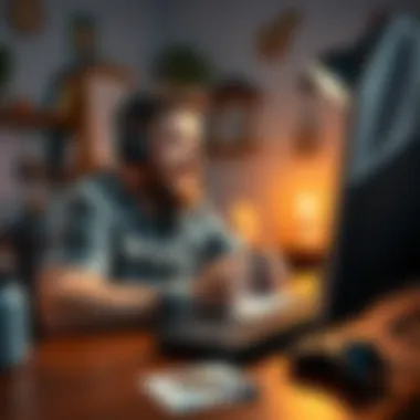 A gamer dad sitting at a desk with a controller and a game console, surrounded by family photos, looking excited while jotting down ideas for his next gaming project.