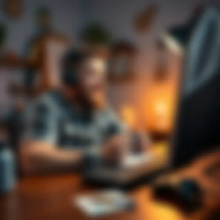 A gamer dad sitting at a desk with a controller and a game console, surrounded by family photos, looking excited while jotting down ideas for his next gaming project.