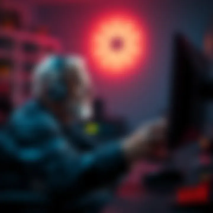 Gamer dad playing Destiny 2 A retired man focused on his gaming setup, immersed in playing Destiny 2 on a big screen.